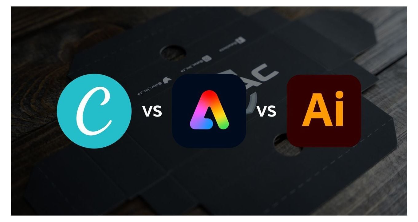 Canva, Adobe Express and Adobe Illustrator logos against a dark background.