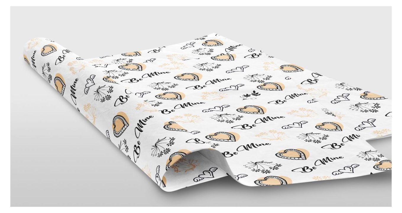 Valentine’s Day packaging, a sheet of wrapping paper with a Valentine’s Day themed design. It has a white background with black and beige details. Design includes hearts, flowers and words "be mine".