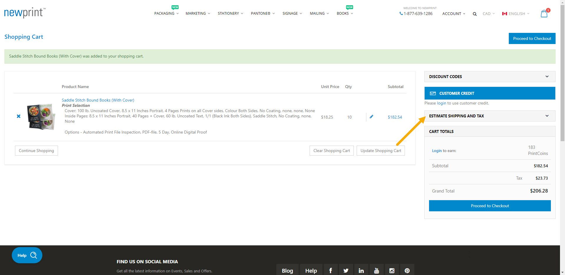 Screenshot of Newprint's cart showing where to click to get shipping and tax estimate in order to get an online printing quote.