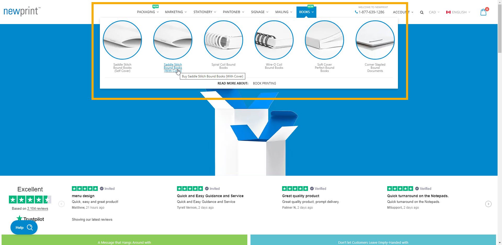 Screenshot of Newprint's book printing section in the main menu of the website showing how to navigate to get an online printing quote.