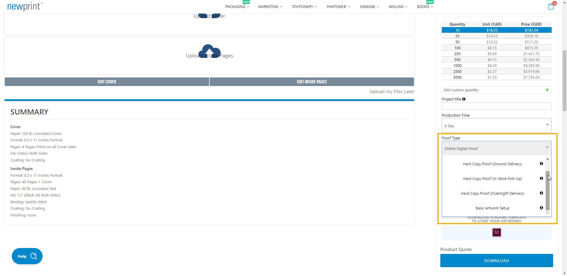 Screenshot of Newprint's book printing page showing where to select the proofing type to get an online printing quote.