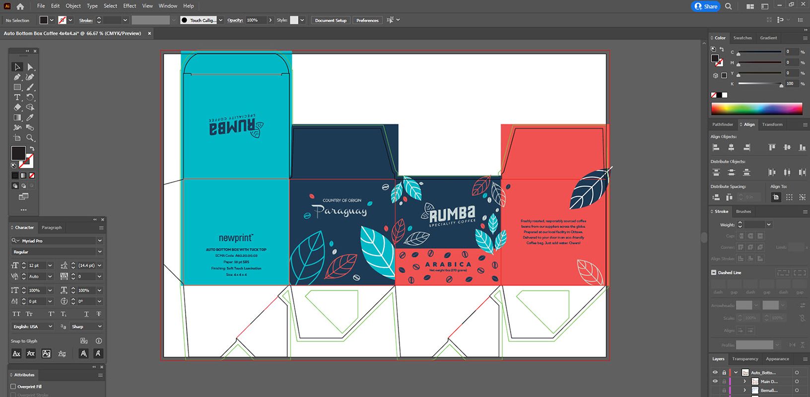 Adobe Illustrator document with a box dieline and a box design applied.
