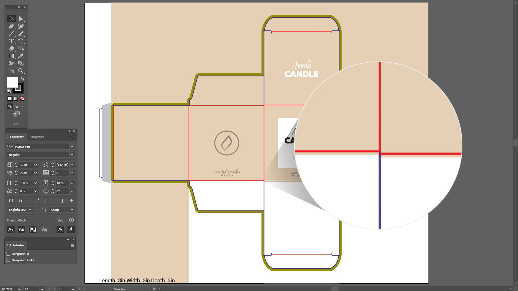 Adobe Express vs Canva, the screenshot of a box design in Adobe Illustrator showing a zoomed-in detail of the design going over the fold lines.