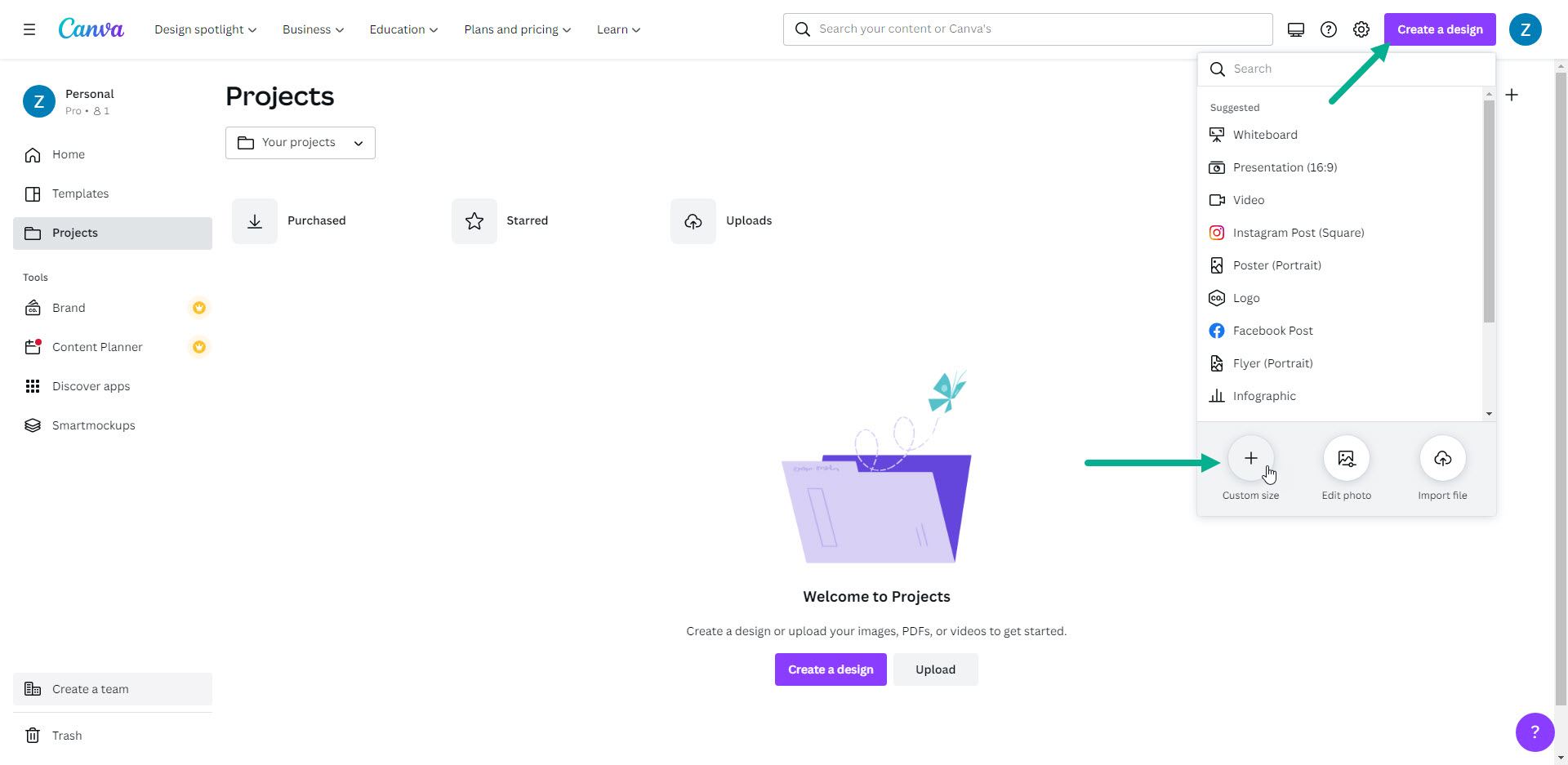 Adobe Express vs Canva, screenshot of Canva editor showing where to click in order to create a new custom size document.