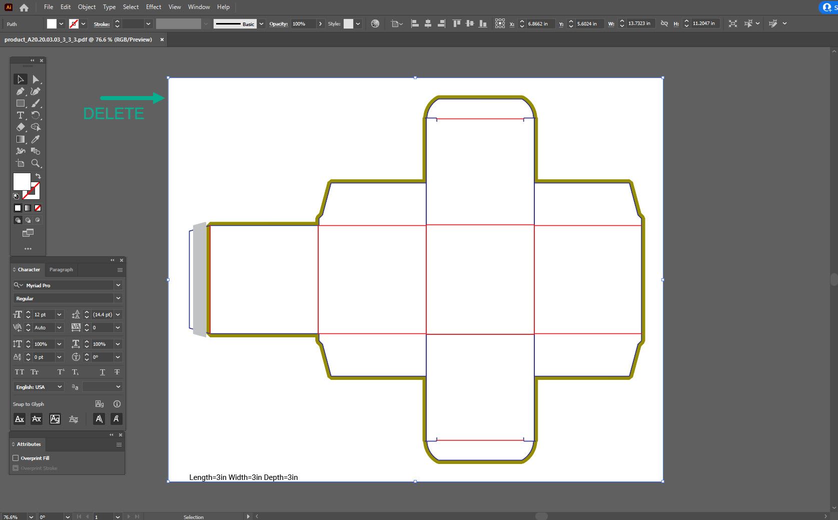 Adobe Express vs Canva, screen shot of Adobe Illustrator showing how to delete the background object on a dieline file.