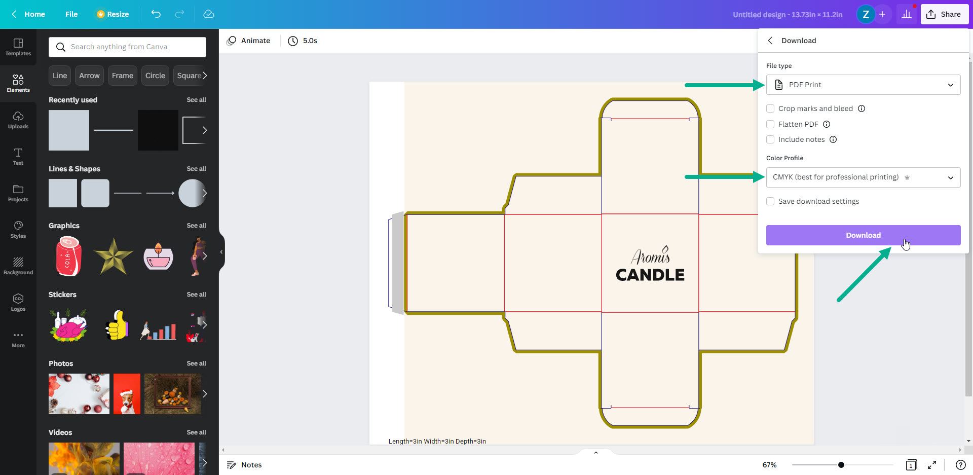 Adobe Express vs Canva, screenshot of Canva editor showing how to download a PDF file for print.