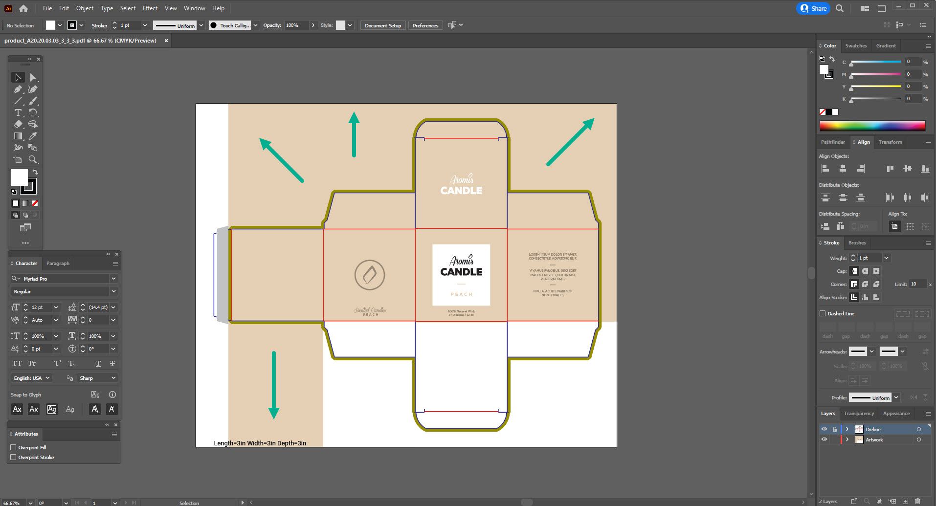 Adobe Express vs Canva, the screenshot of a box design in Adobe Illustrator showing extending objects all the way to the edges of the document.