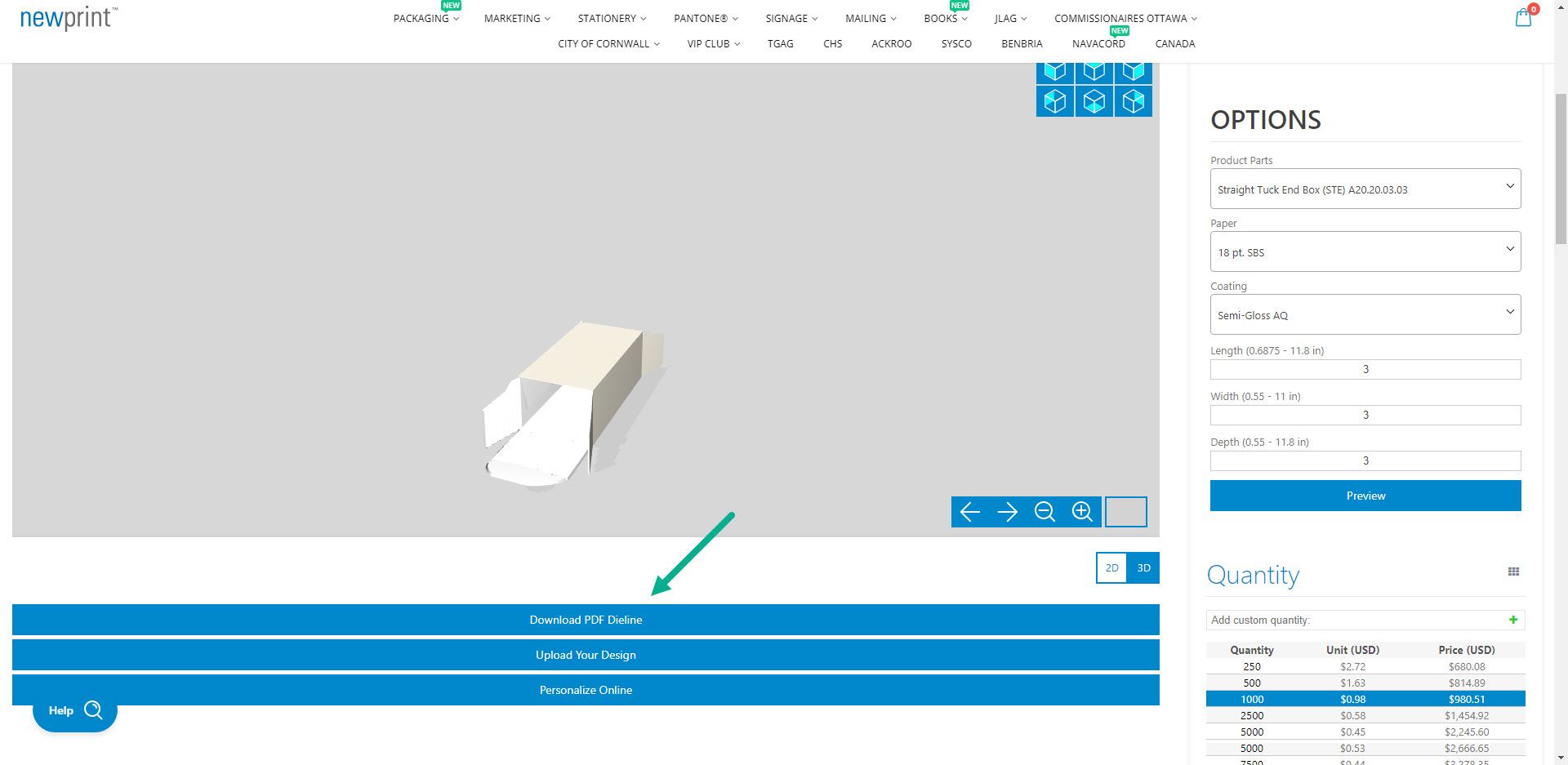 Adobe Express vs Canva, screenshot of Newprint Custom Packaging web page showing where to click to download a dieline file.