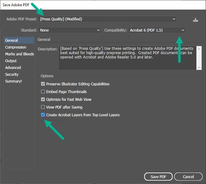 Adobe Express vs Canva, the screenshot of PDF export settings for saving print-ready files.