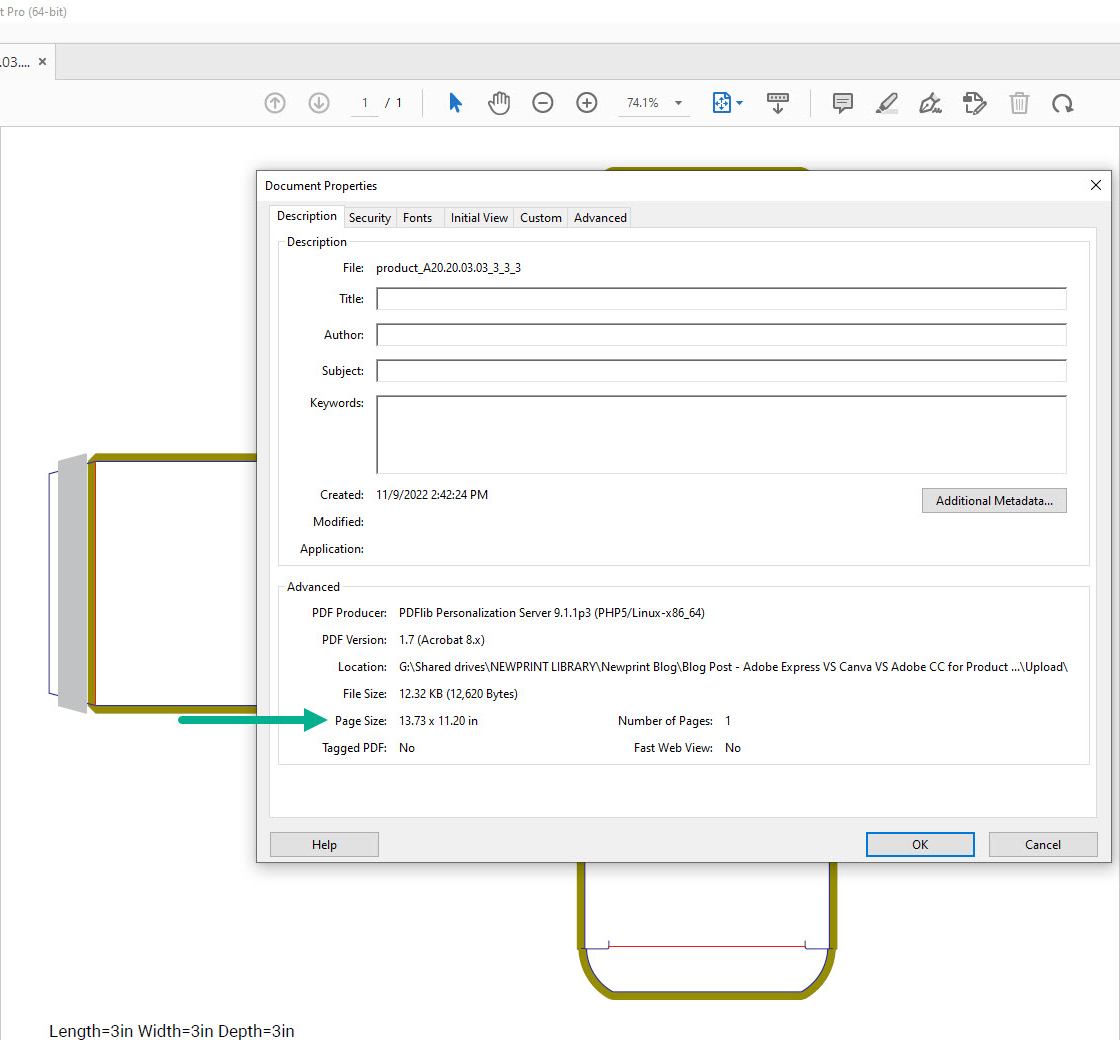 Adobe Express vs Canva, screenshot of PDF document properties showing the document dimensions.