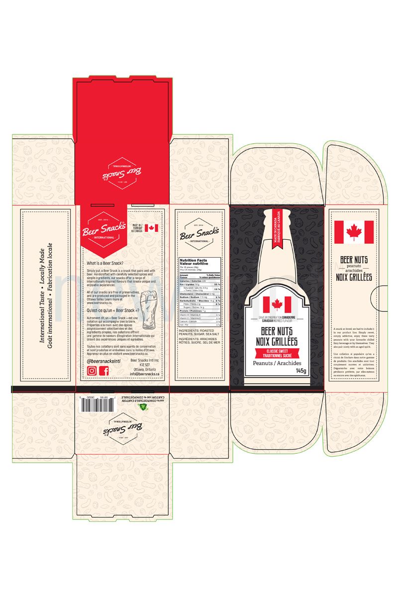 Technical drawing of a roll end front tuck custom food packaging box with a snack product design applied. 