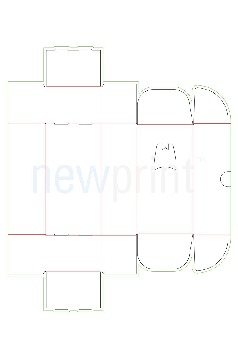 Technical drawing of a roll end front tuck packaging box.