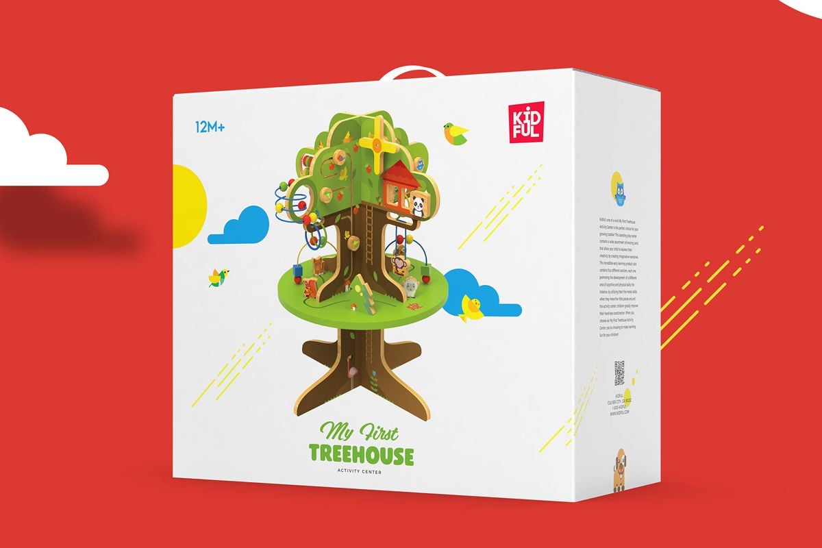 Best toy packaging design for a tree house toy on a red background