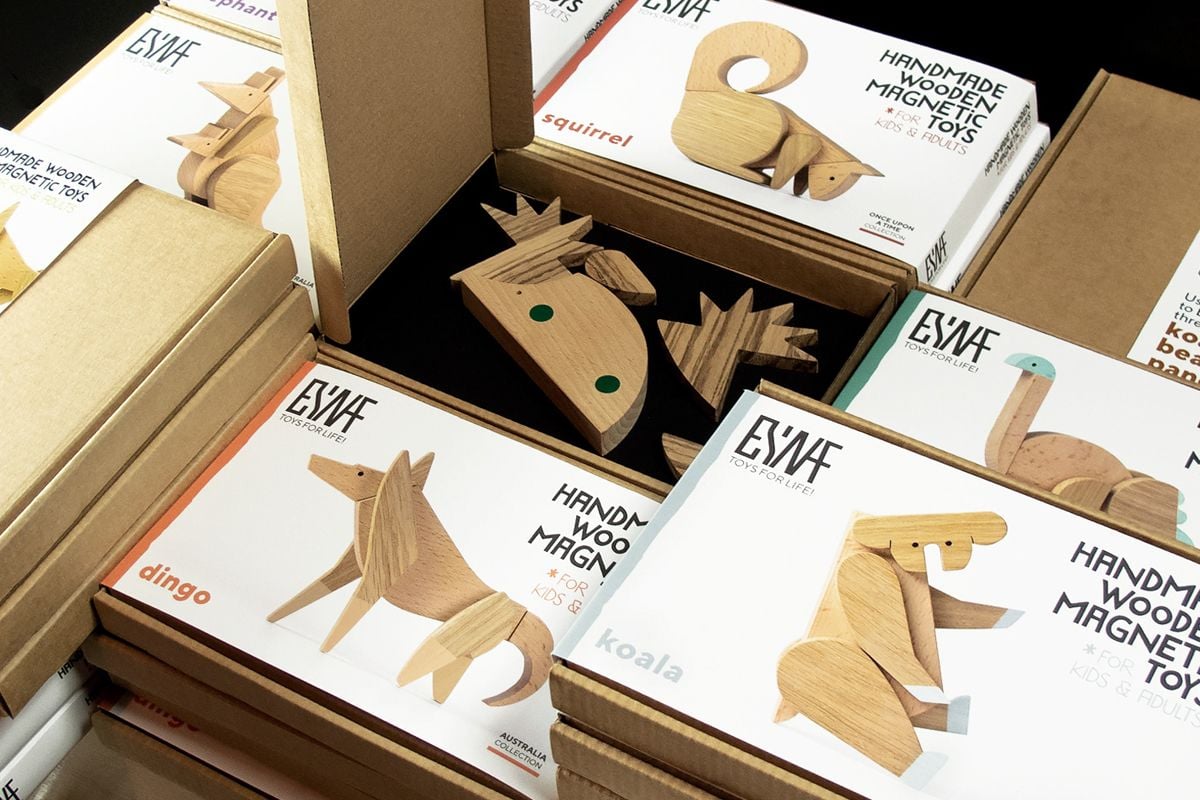 Stacks of toy packaging for wooden toys