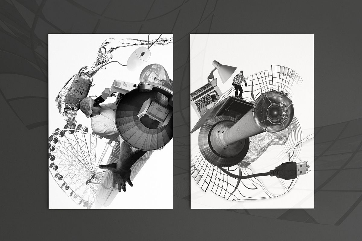 Example of graphic design trends – two futuristic black and white images with achromatic design