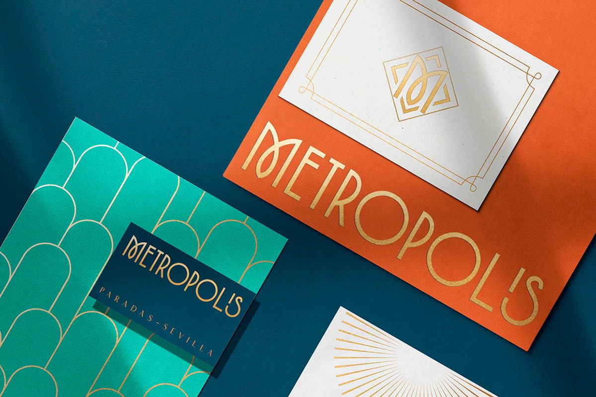 Example of graphic design trends – two elegant art deco flyers with the edge of the third also showing