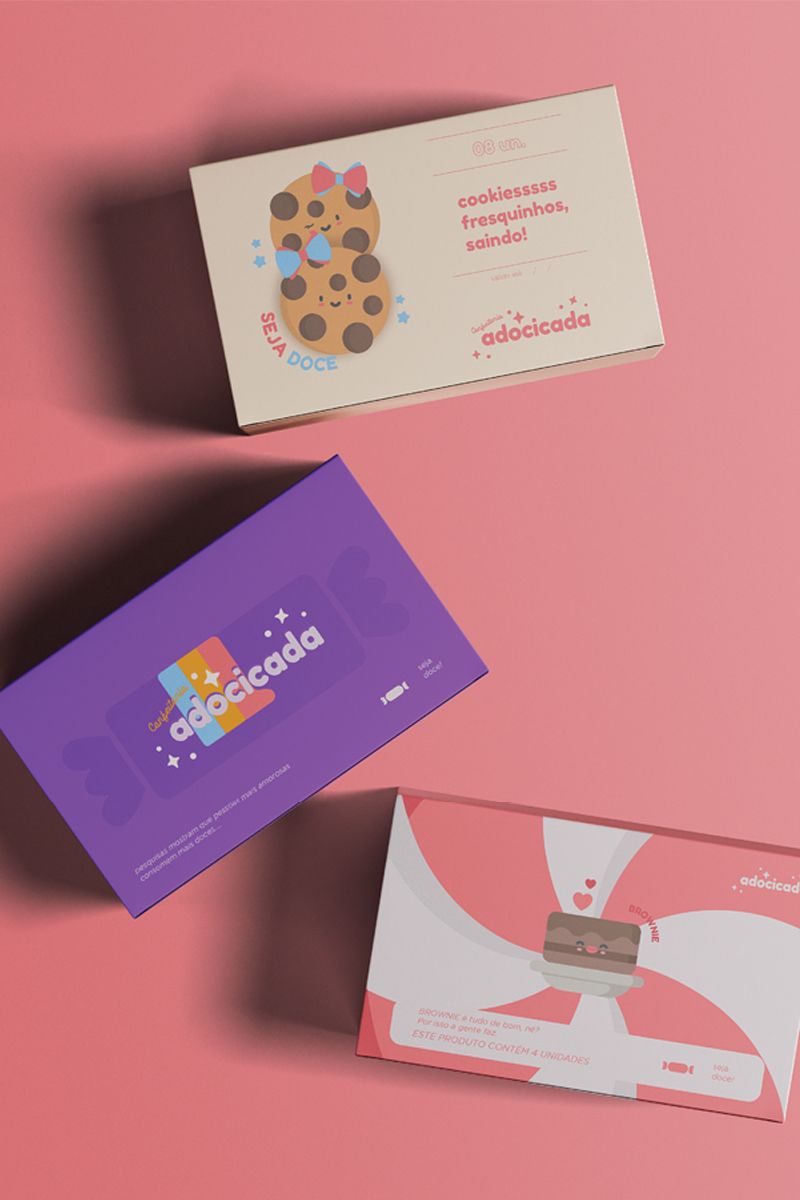 Example of graphic design trends –three packagin boxes that have candy colors in the design