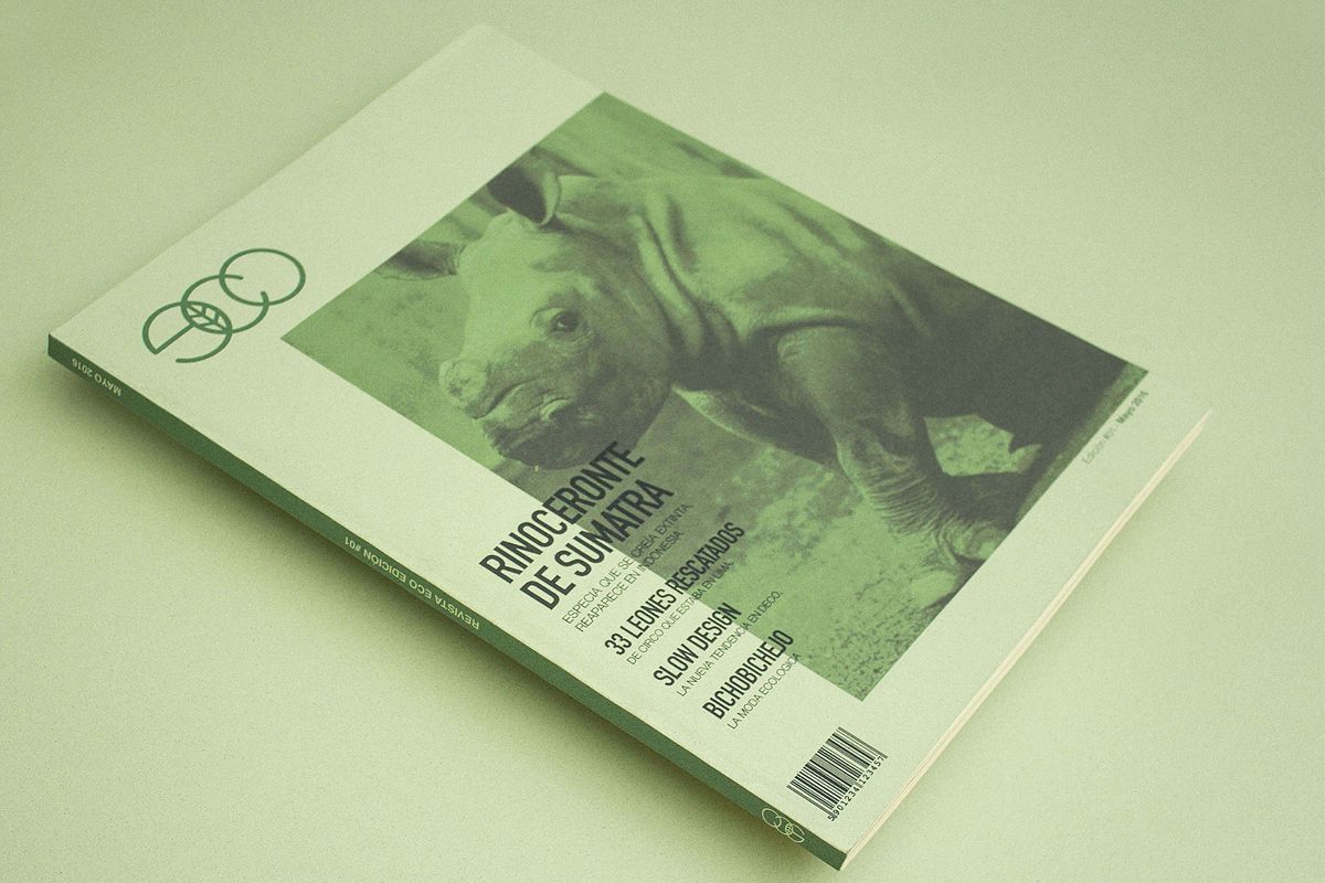 Example of graphic design trends – cover of the eco magazine with rhyno on the cover in green tones