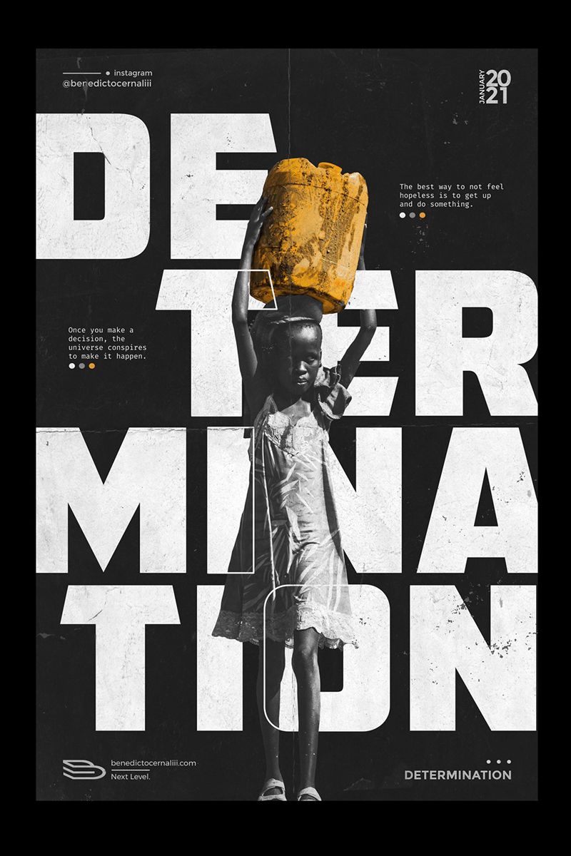 Example of graphic design trends – black girls in white dress wearing the canister over her head with word “determination” writen behind her