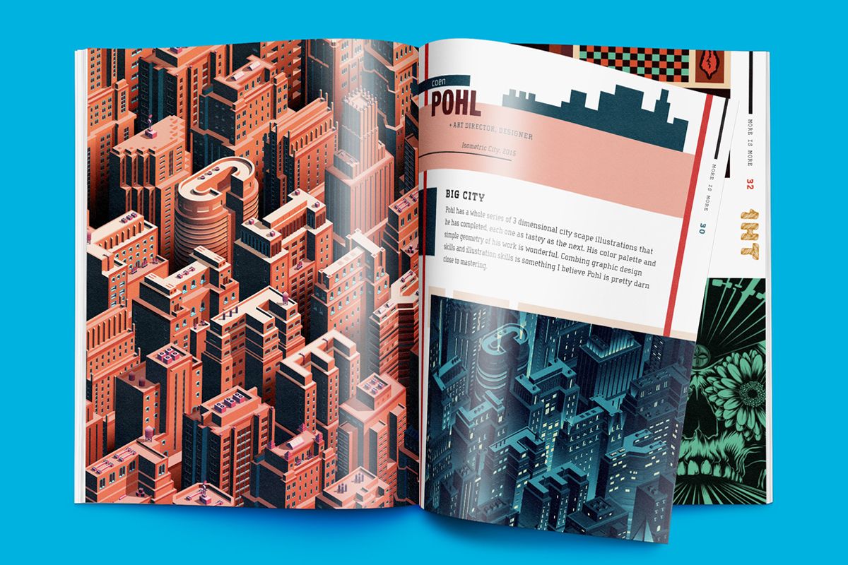 Example of graphic design trends for 2022 – magazine spread with building roofs spelling words “city life”