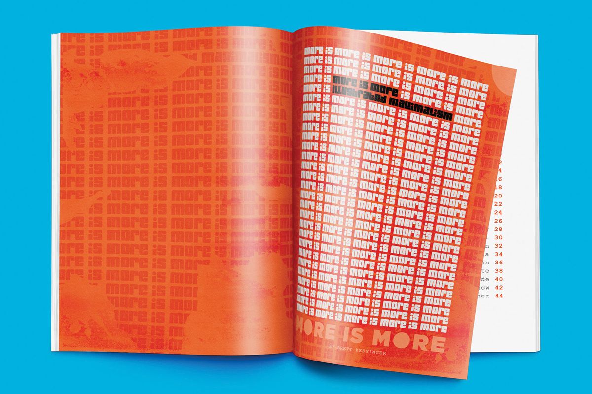Example of graphic design trends for 2022 – orange magazine spread with words more is more writen many times