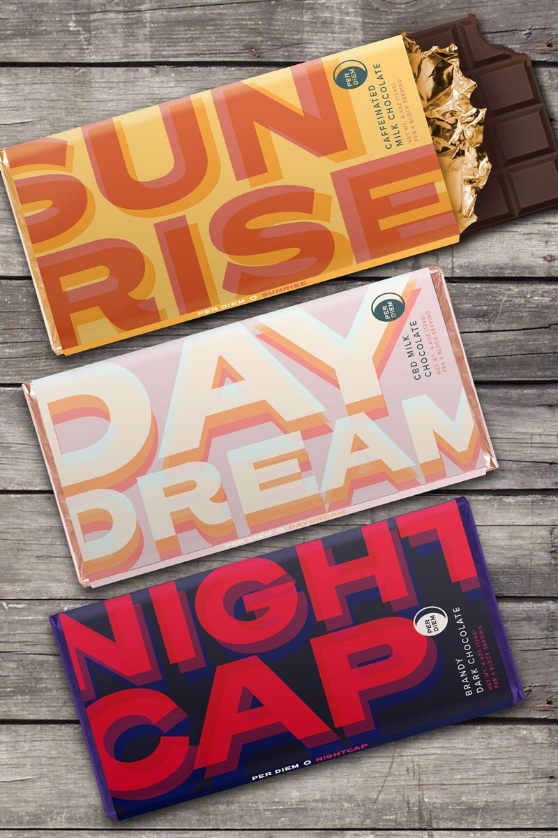 Example of graphic design trends – three different chocolate bars with minimalistic design on the flat surface