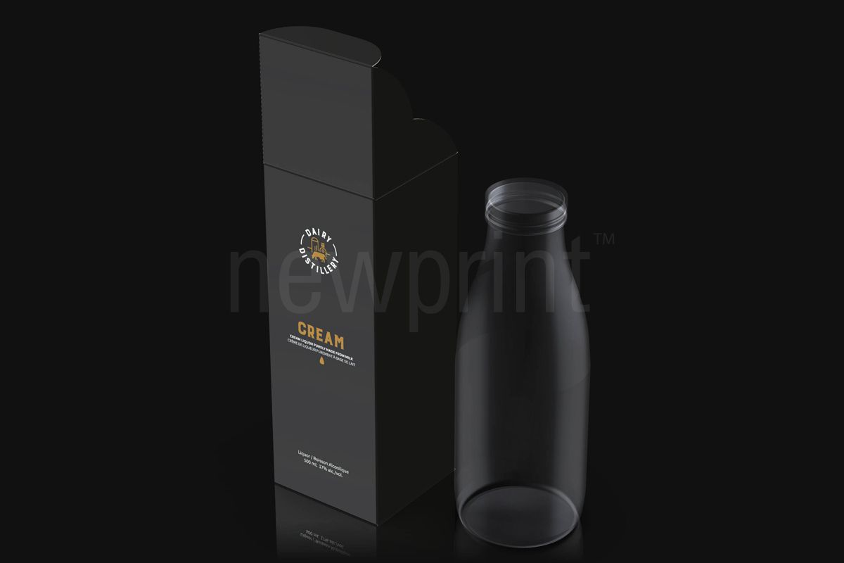 Guide to Custom Packaging-Elegant black packaging box with white and gold text with an empty glass bottle next to it against a black background.