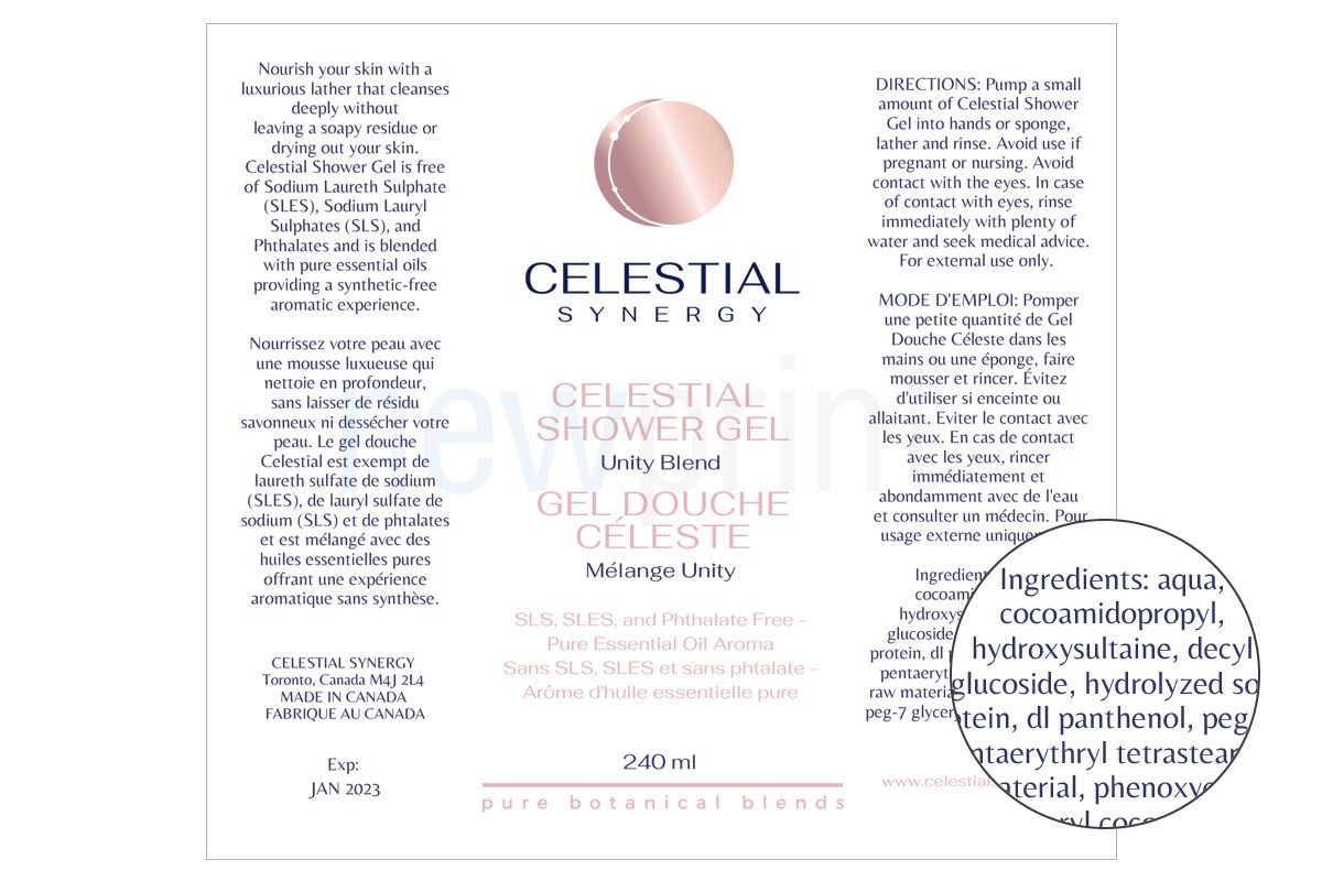 Shower Gel Label Design for Cosmetic Packaging With a Zoomed-In Section Showing Ingredients