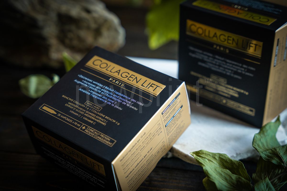 eco friendly cosmetic packaging-Two custom eco-friendly cosmetic packaging boxes for collagen, black with gold foiling