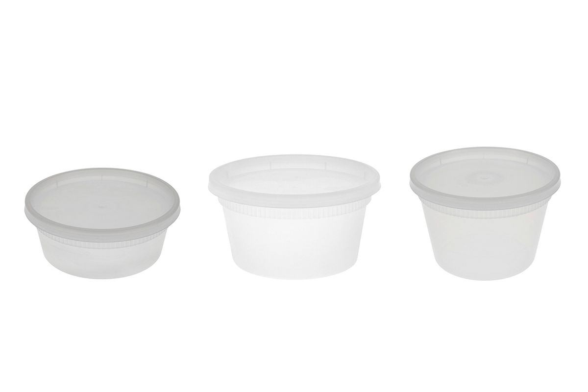 Sustainable Disposable Plastic Food packaging-Three different sizes of clear or shaded round disposable plastic food containers on the white background