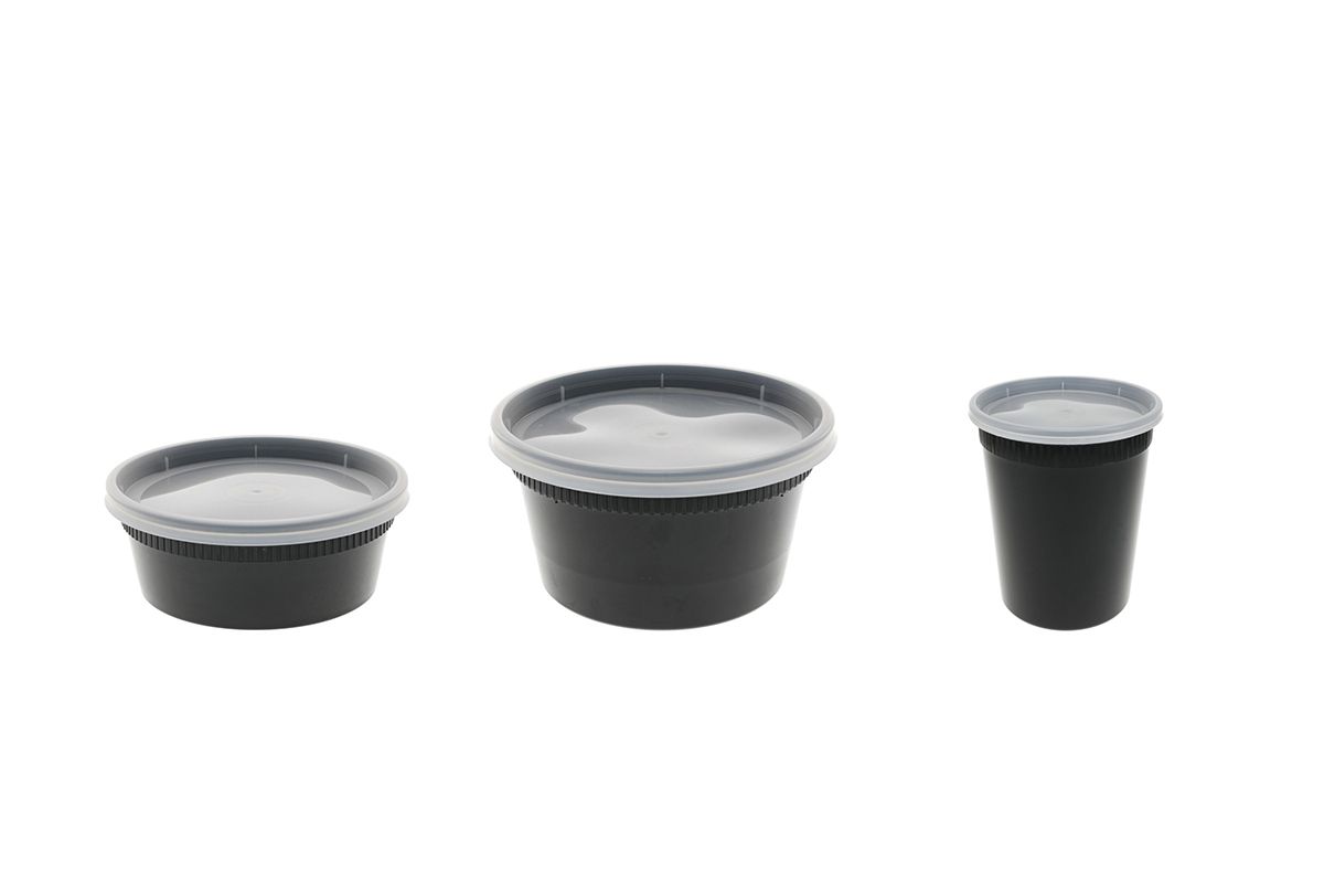Sustainable Disposable Plastic Food packaging-Three different sizes of black round disposable plastic food containers with lids on the white background