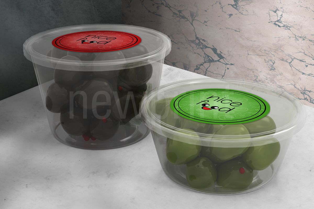 Sustainable Disposable Plastic Food packaging-Two different disposable plastic food containers branded with labels on the top of the lid 