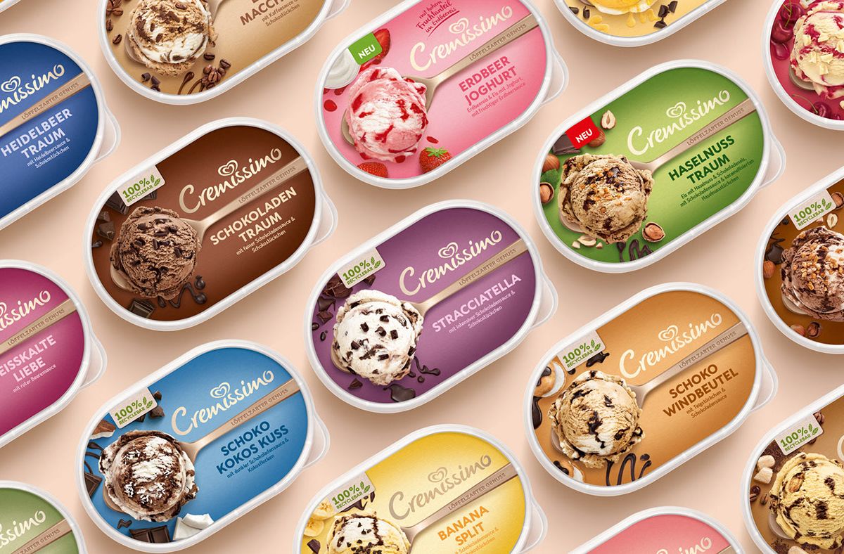 disposable plastic food containers with ice cream, branded with labels