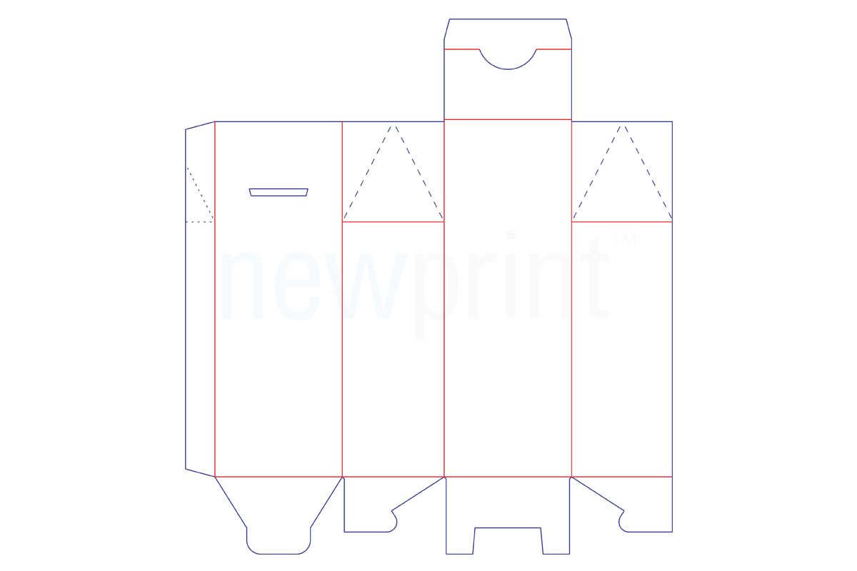 Technical drawing of a flat, unfolded roll end tuck top box with ECMA Standards.