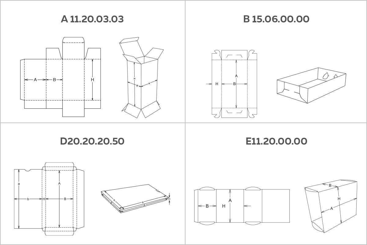2D and 3D technical drawings of four different ECMA carton styles 
