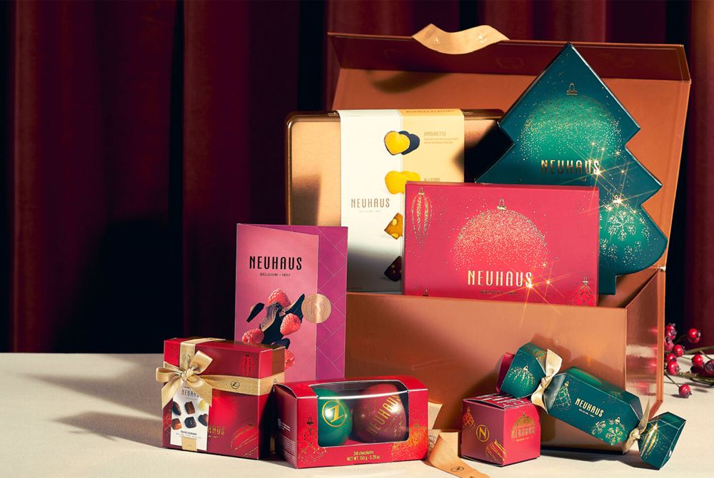 Holiday packaging for various Neuhaus chocolate products