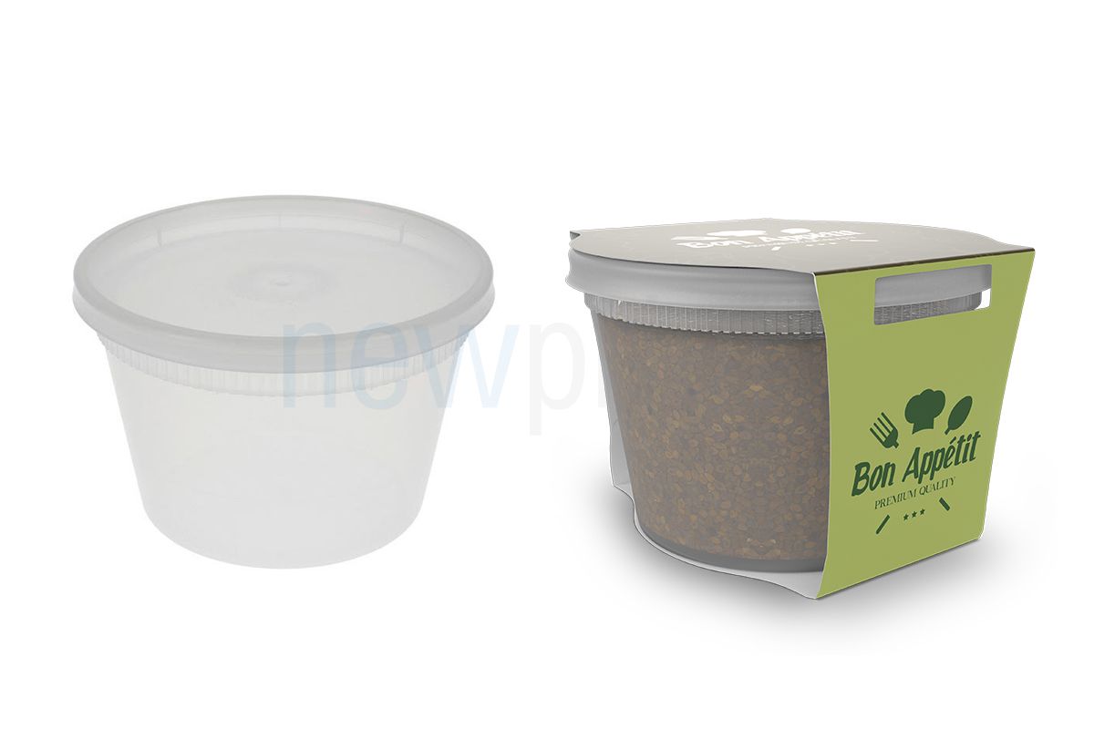 Food Packaging Sleeves-3D Rendering of Two Plastic Food Containers, One With and One Without a Printed Food Packaging Sleeve Wrapped