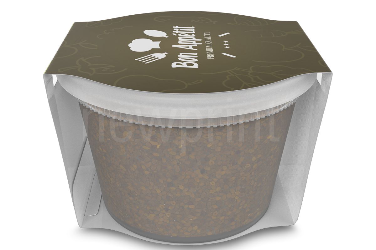 Food Packaging Sleeves-3D Rendering of a Plastic Food Container With a Food Packaging Sleeve Wrapped
