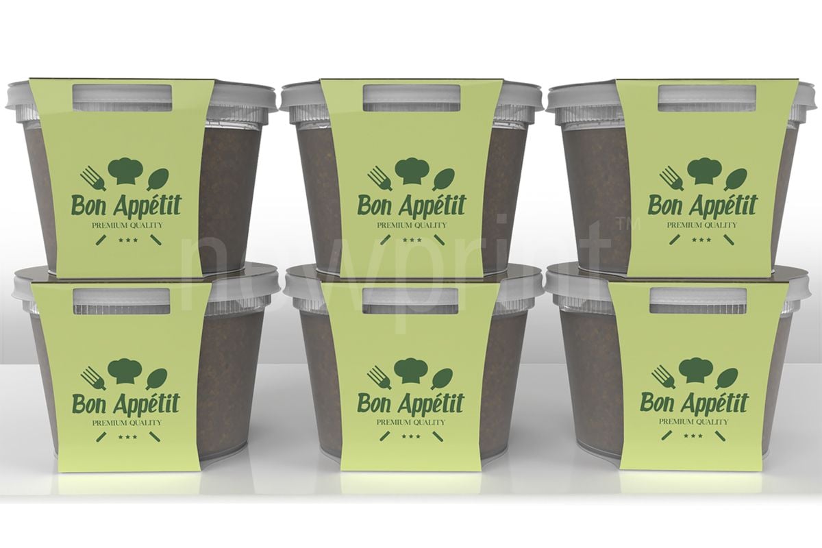 Food Packaging Sleeves-3D Rendering of Six Plastic Food Containers With a Paper Food Packaging Sleeve Wrapped Around Them