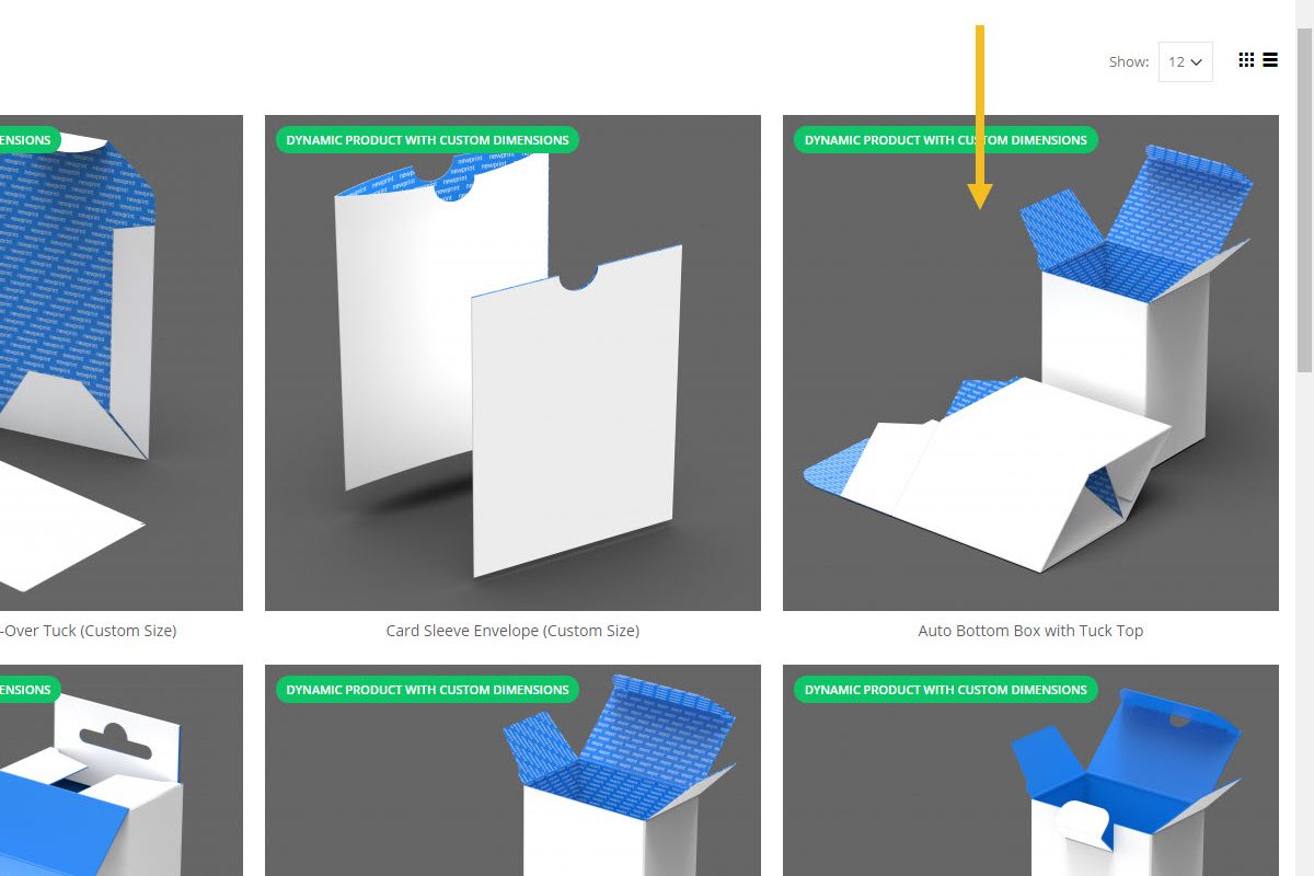 Custom Packaging Cost - Screen shot of newprint custom packaging page with an arrow pointing to Auto Bottom Box with Tuck Top.