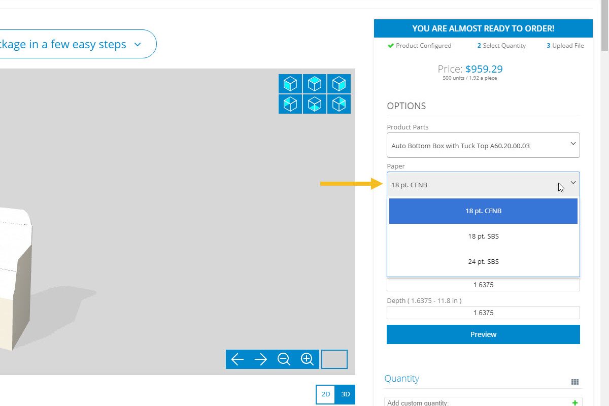 Custom Packaging Cost - Screen shot of newprint custom packaging product page indicating the paper drop-down selection.