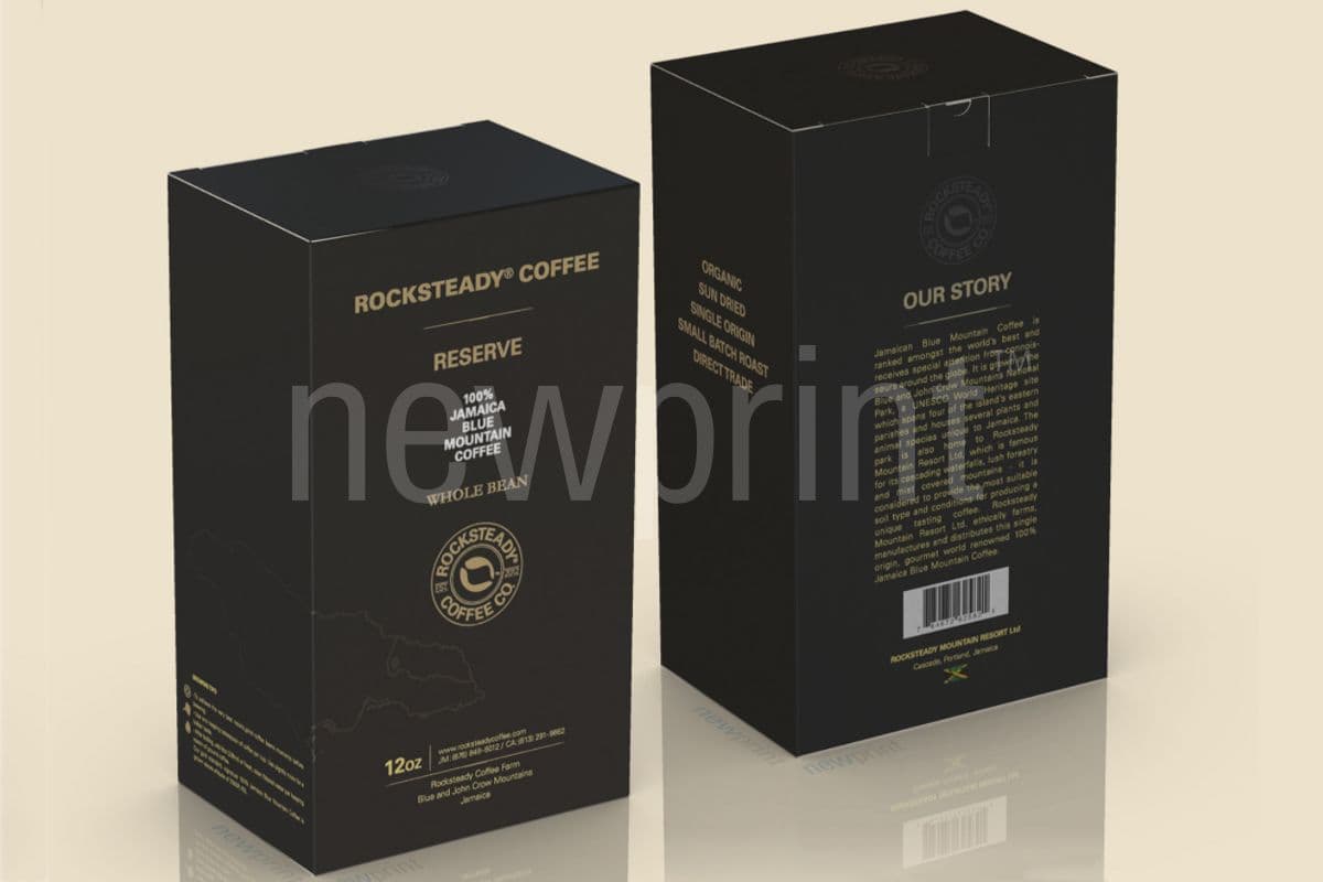 why custom packaging boxes - two packaging boxes for coffee beans, black and gold, luxurious closed product packaging, front and back of the box
