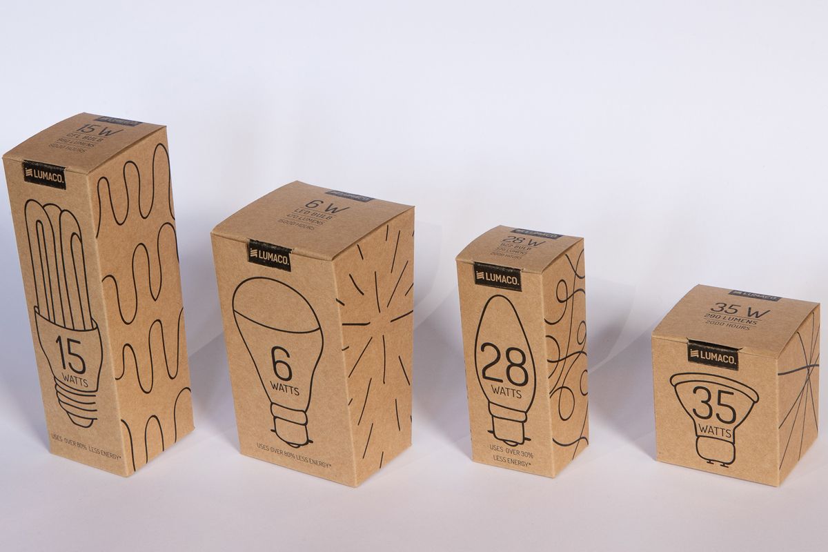 Four different kraft lightbulb boxes with similar sustainable packaging design