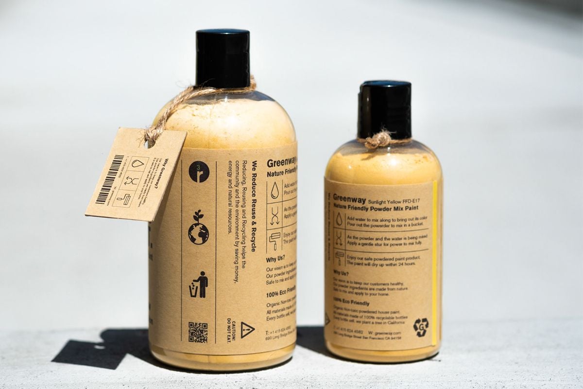 Two nature friendly powder mix paint bottles with sustainable packaging design