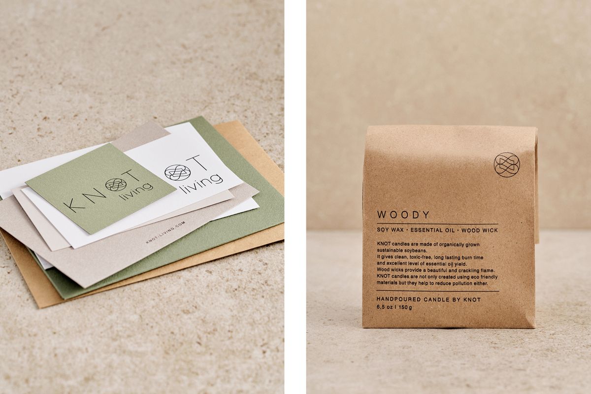Business cards on one side and bag packaging with sustainable packaging design on the other