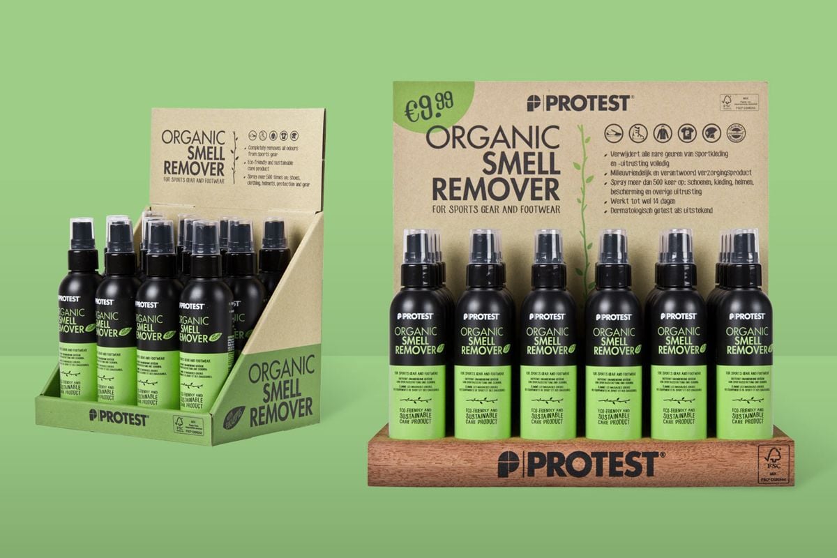 Two organic smell remover display stands with sustainable packaging design 