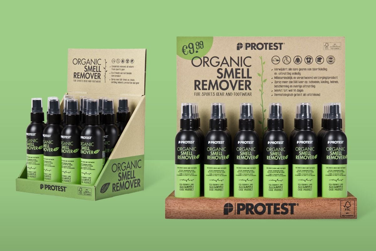 Two organic smell remover display stands with sustainable packaging design