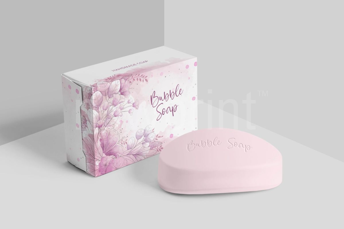 packaging colour - Pink and white box for soap packaging, with a pink soap next to the box.