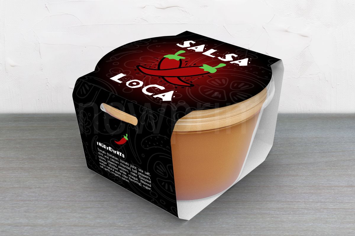 packaging colour - Plastic food container with salsa inside, with a paperboard sleeve around the container, designed predominantly using red and black colours.