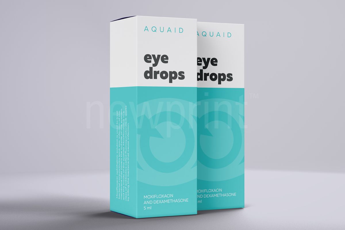 packaging colour - Two turquoise and white boxes for eye drops packaging on a plain gray background.
